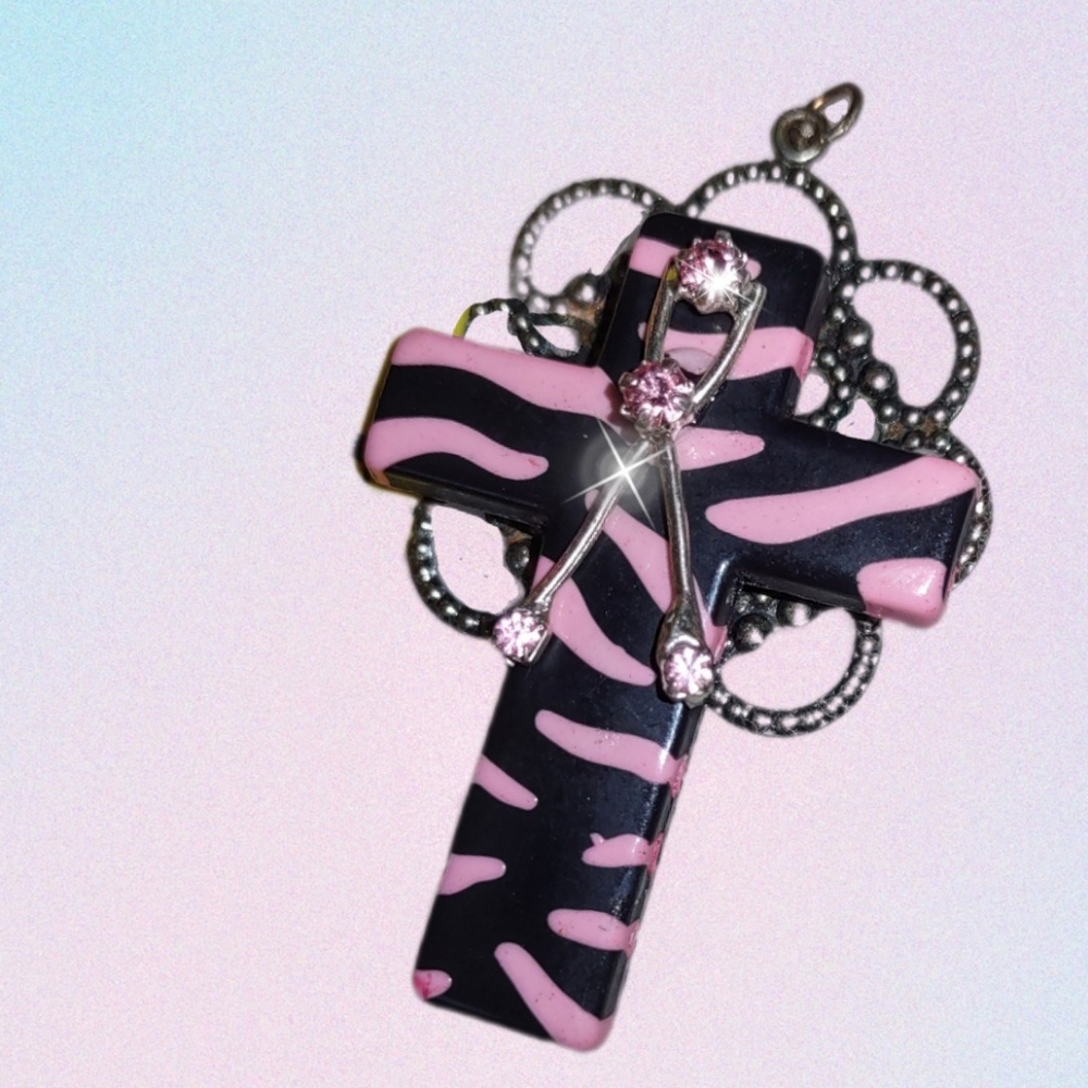 Pink Zebra Pattern Cross + Pink Crystal Ribbon